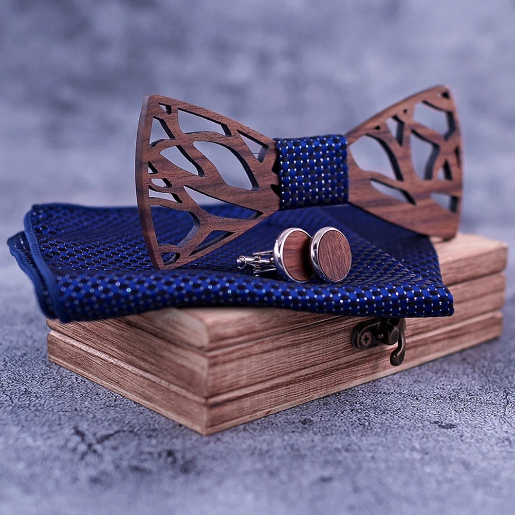 

4 Pcs Wedding Accessories Set Men Wooden Hollow Bow Tie Elastic Band One Size Fits All Gift for Anniversary Birthday