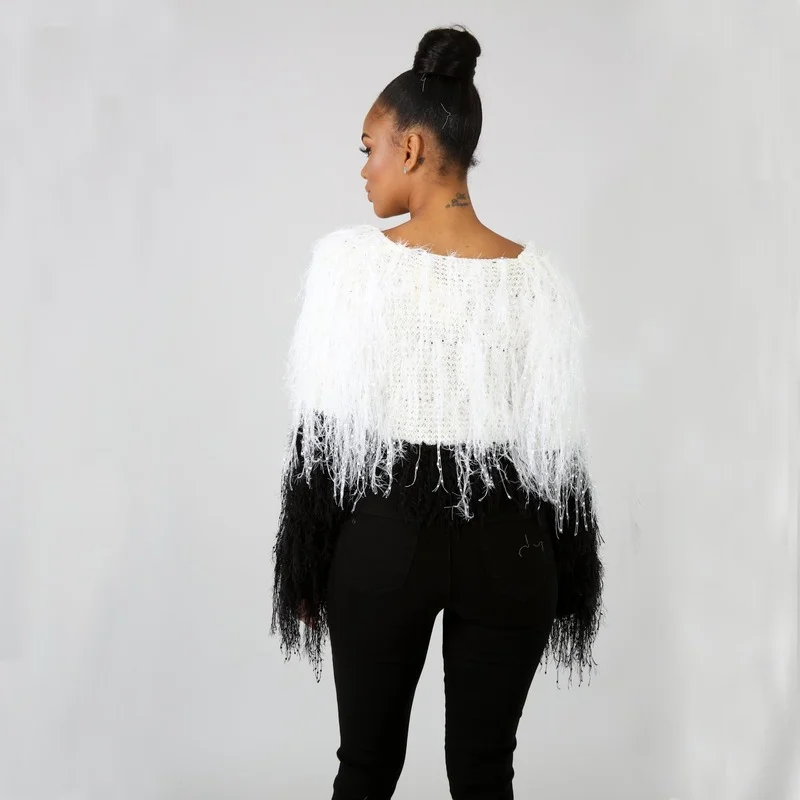 Fringe Knitted Pullover Sweater Spring Autumn Women Patchwork Sweater Long Sleeve O Neck Casual Jumpers 2023 Female Tops White