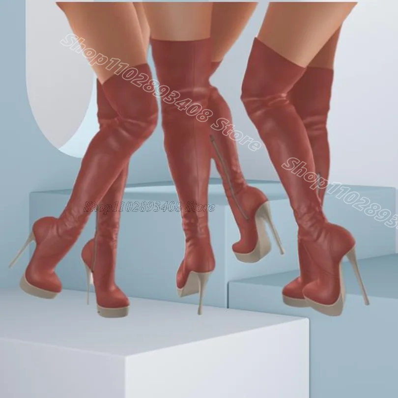

Red Platform Stiletto Sexy Boots Round Toe British Style Fashion Party Dress for Women Over Knee Boots 2025 Zapatos Para Mujere