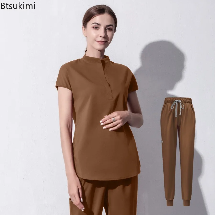 High Quality Denim Gray Scrubs Suits Tooth Check Workwear Spa Uniforms Beautician Scrub Work Suit Wholesale Scrubs Women Uniform view 5