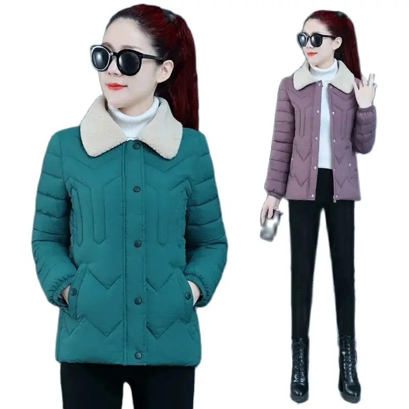 Autumn Winter Short Down Cotton Jacket Women 2024 New Berber Fleece Lapel Outerwear Fashion Concealed Zipper Overcoat Female