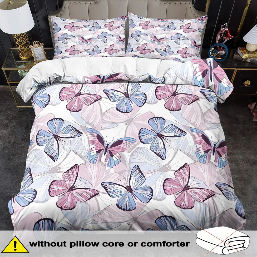 The Latest Printed Quilt Cover Set, 3-Piece Set, 1 Quilt Cover + 2 Pillowcases (Without Filling) 2D Flat Butterfly Flying 100% Polyester Quilt Cover Set, 3-Piece Printed Set for Cozy Bedroom Decoration (Suitable for All Seasons, Machine Washable, Invisible Zipper, Large Quilt Cover Set, Bedding Set Quilt Cover