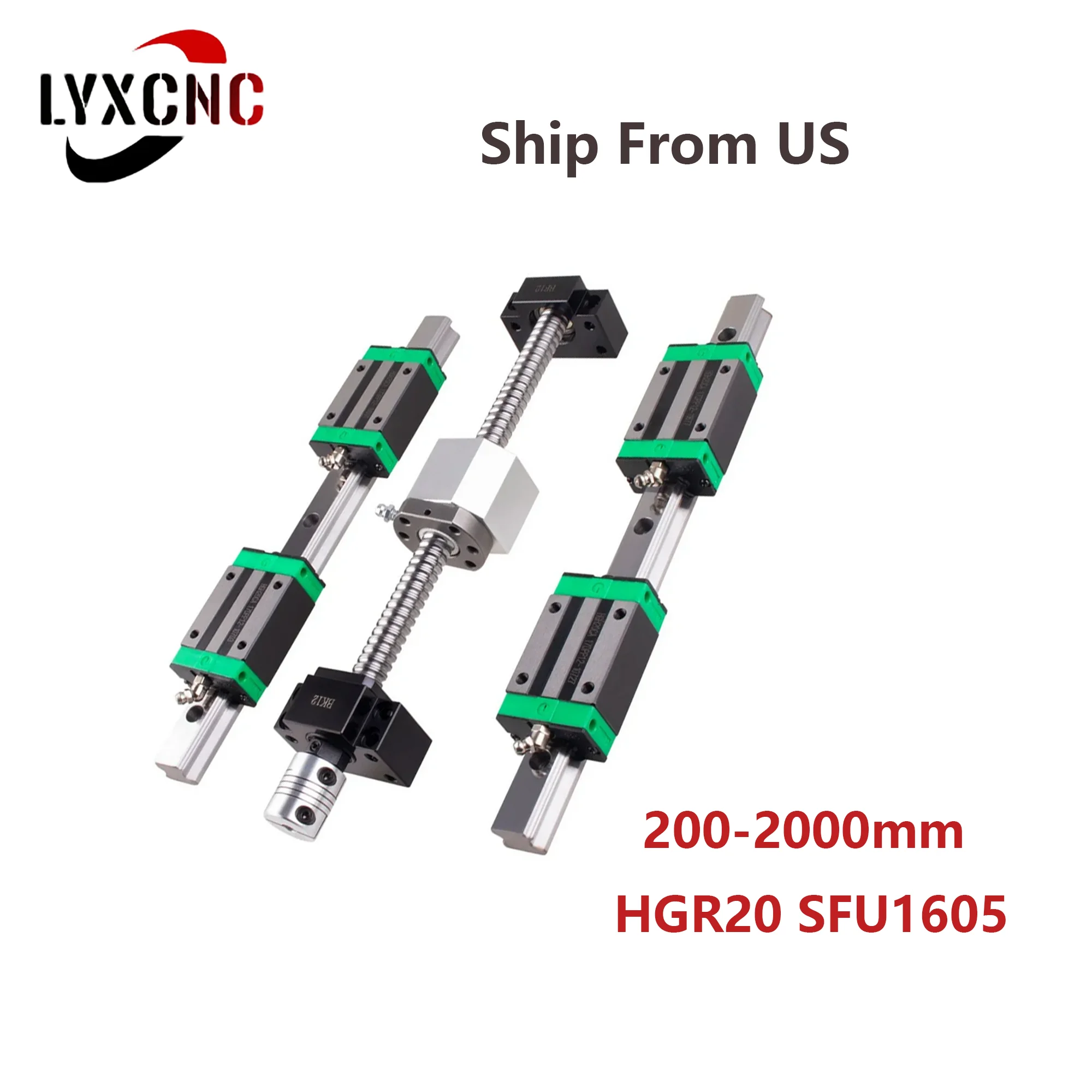 2pcs HGR20 Linear Square Rail+4pcs HGH20CA Slides Carriage+ SFU1605 Ballscrew With BKBF12 Support+Coupling+Nut Housing CNC Set