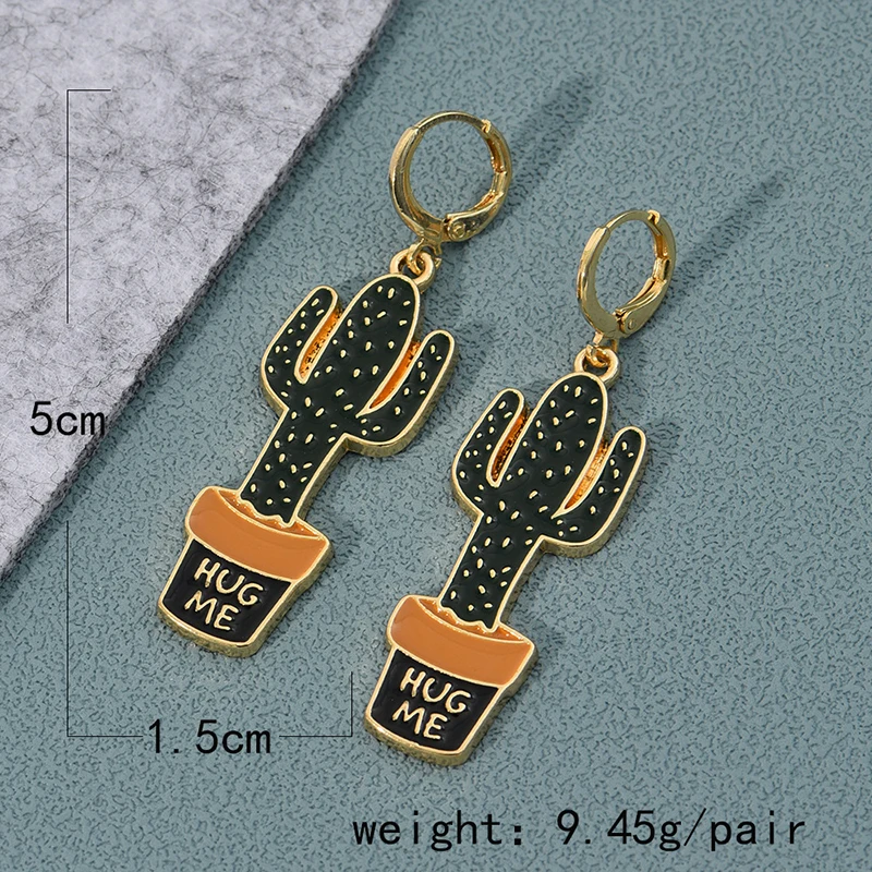 Cute Colorful Enamel Leaf Cactus Plant Shape Gold Color Hoop Earrings For Women Girls Oil Drip Boho Vintage Earings Jewelry Gift