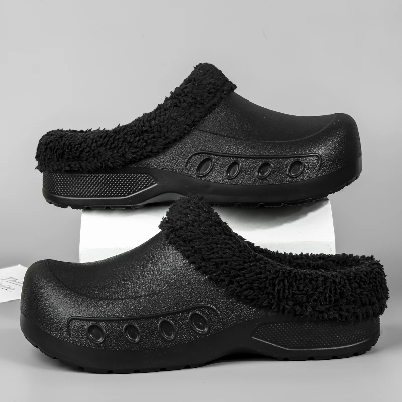 Plus Size Men Winter Warm Clogs Fuzzy Lined House Slippers Closed Toe Mules Faux Leather Slip On Shoes Big Size Footwear