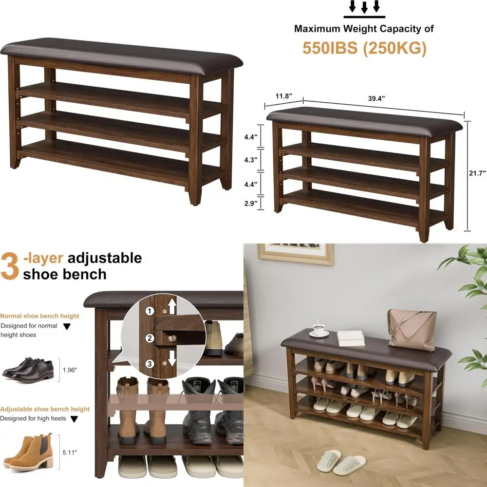 

Rubberwood Shoe Bench with Leather Cushion, Adjustable 3-Tier Entryway Storage Rack, Door Front Shoe Organizer
