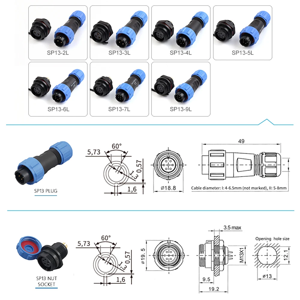 SP13 Aviation Plug Socket Connecotr Welding Nut Type IP68 Waterproof Connecotrs SP13-2/3/4/5/6/7/9 Pin Home Electric Apparatus