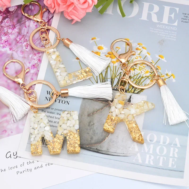 English Letter Keychain with White Tassel Crystal A-Z Keyring Glitter Sequins Filling Key Chain Girls Gifts Bag Pendants