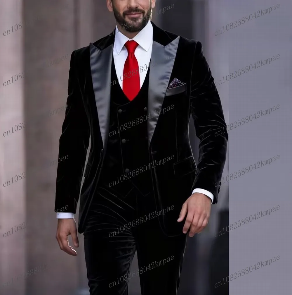 

New Black Velvet Men Suit Formal Business Groom Groomsman Wedding Party Prom Male Tuxedos 3 Piece Set Blazer Vest Pants