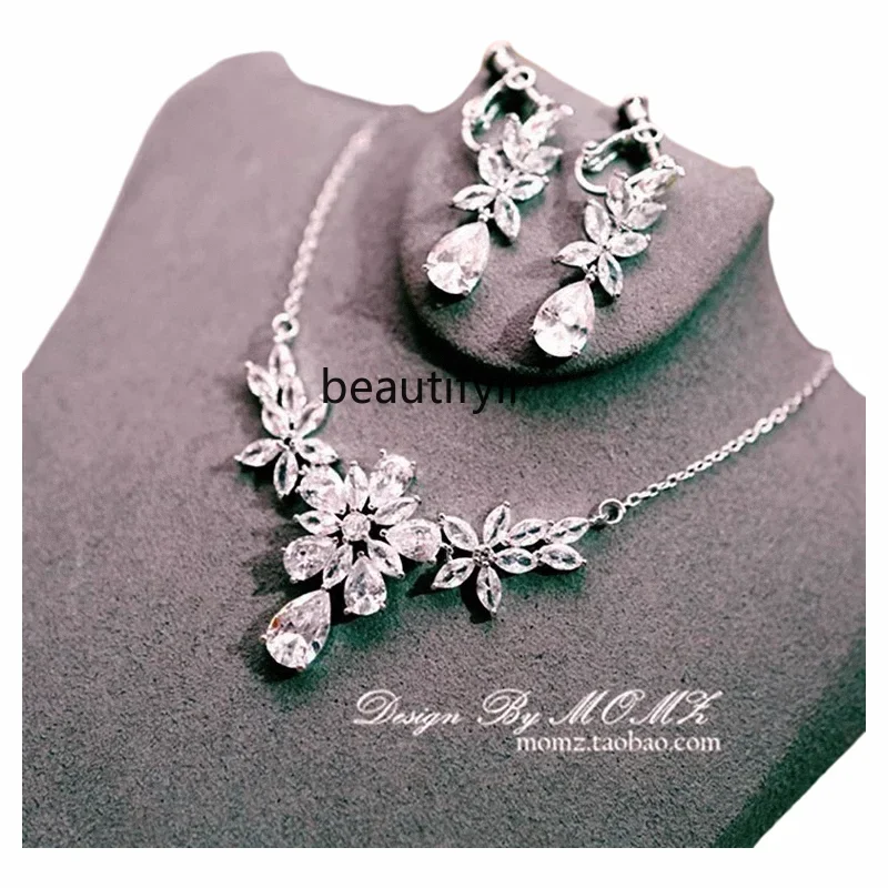 Simple Bridal Evening Dress Wedding Accessories Silver Necklace Ear Clips Inlaid Zircon Set