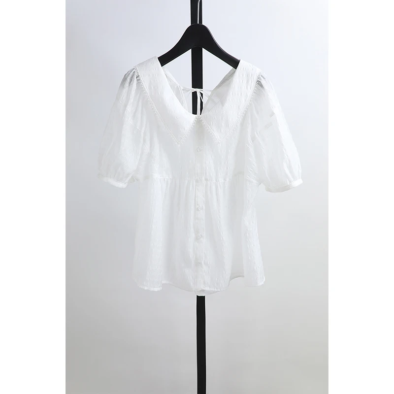 

Feeling Short Sleeve Doll Collar Back Tie Shirt Cool Polyester Fiber Gentle Style Waist in Shirt for Women
