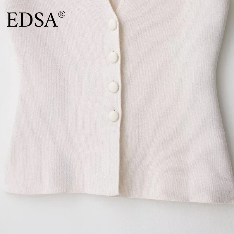 EDSA Gilet da donna in maglia bianca con bottoni e bottoni ricoperti con scollo a V monopetto maglione gilet top femminile