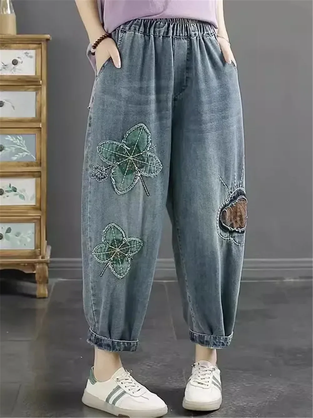 

Casual Fashion Loose Spring Autumn Thin Solid Women Embroidery Clothing Pocket Patchwork Printing Elastic High Waist Harem Pants