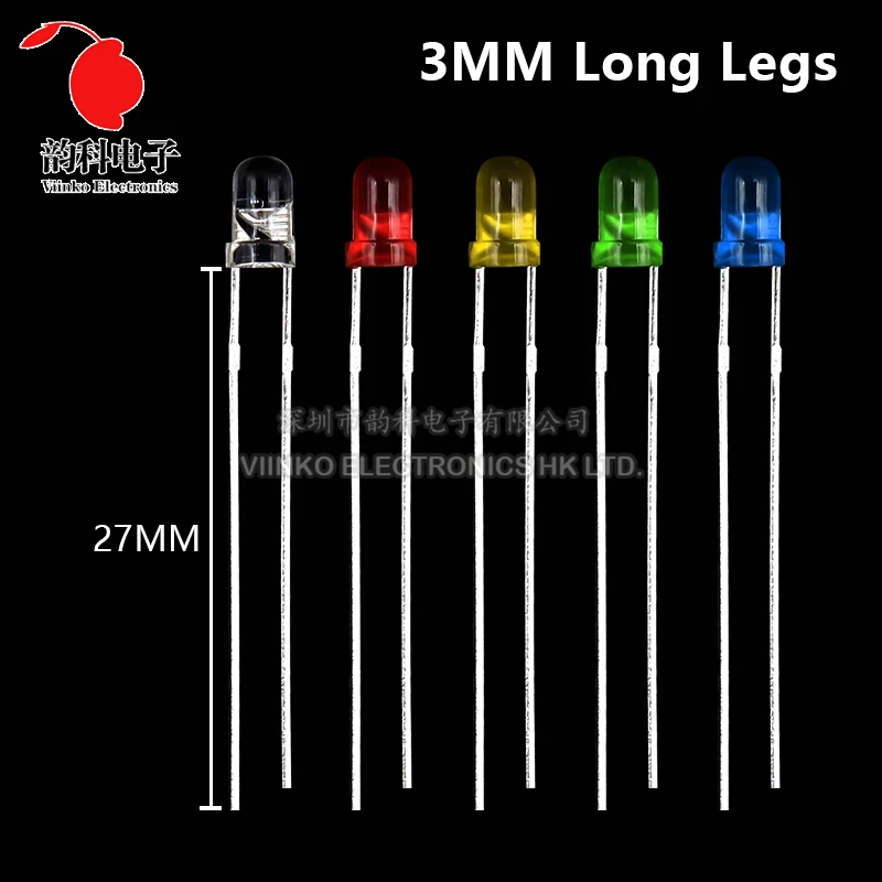 50pcs Long Leg 3MM 5MM LED White Green Red Blue Yellow Orange F5 28mm F3 27mm Length Light Emitting Diode