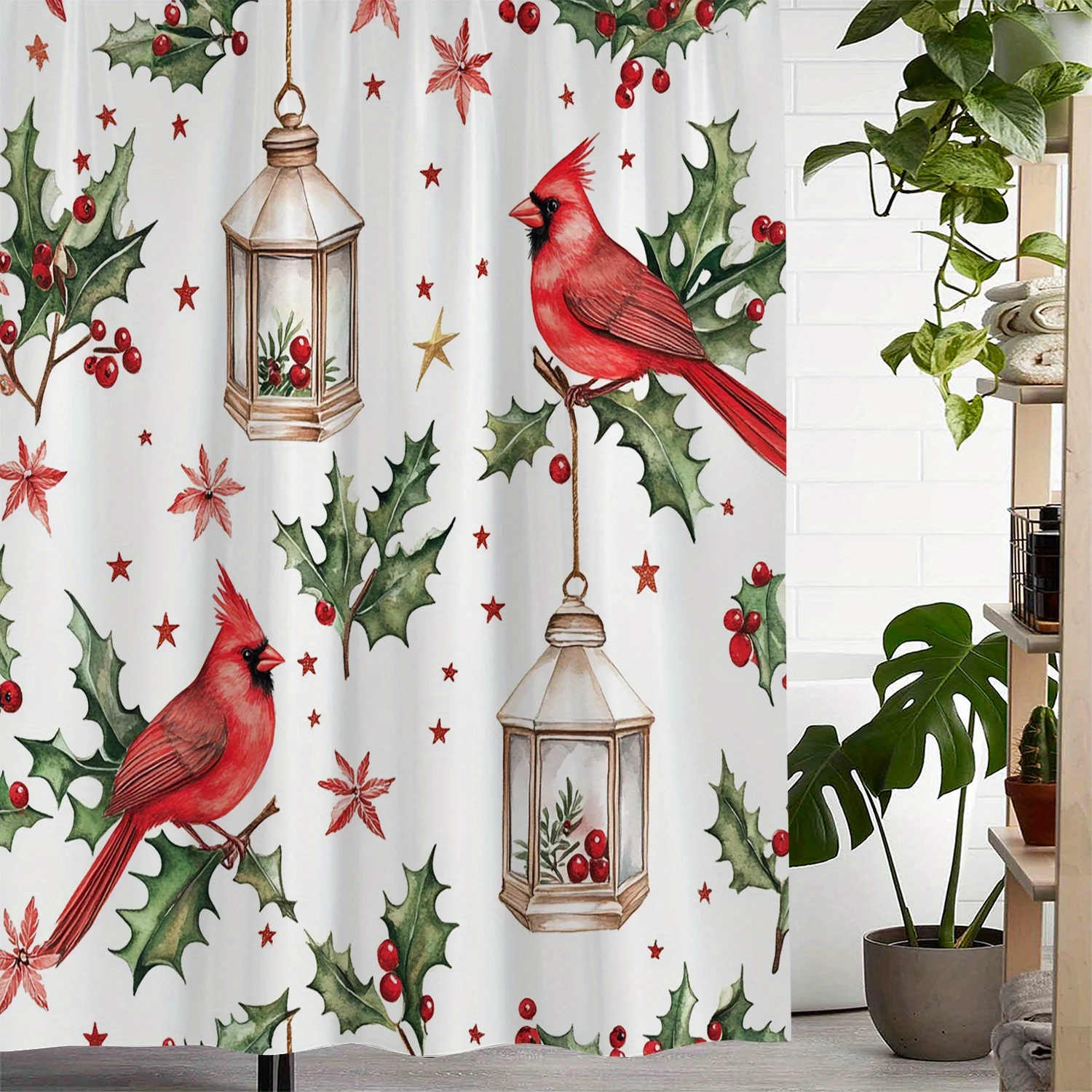 Festive Holly & Cardinal Christmas Shower Curtain Waterproof, Machine Washable Polyester, Artistic Design