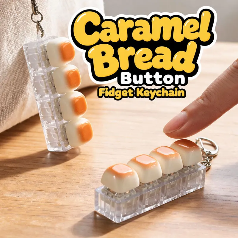 Portable 4 Buttons Bread Keyboard Clicker Fidget Keychain Clicky Finger‑Press Sensory Decompression Toy Novelty Bag Pendant Gift