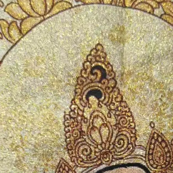 Old Thangka Buddhism  Silk Embroidery brocade Yellow Jambhala Yellow  God of Wealth Sitting Buddha Worship Hall