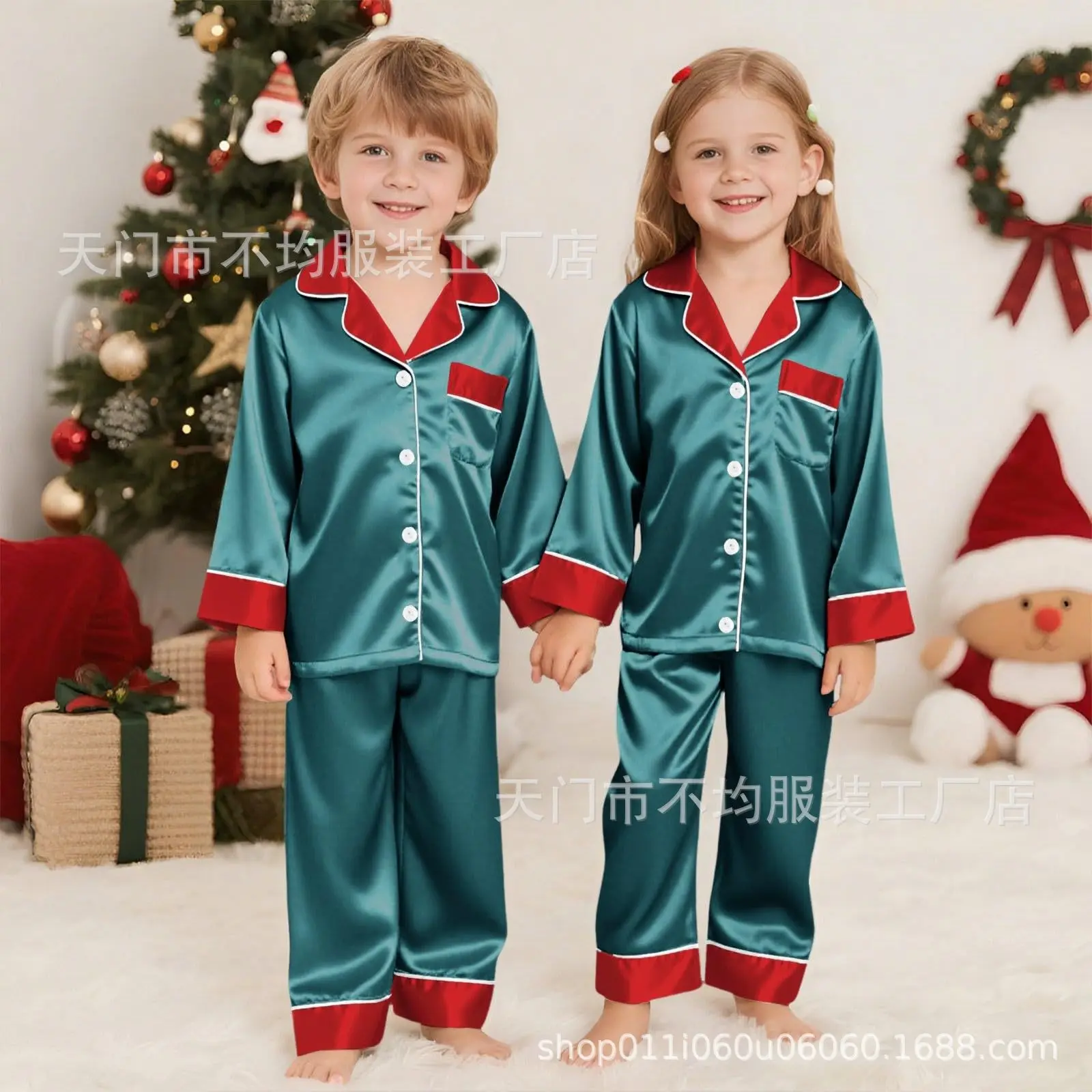 2 Pcs Christmas Pajamas Family Adults Kids Family Matching Outfits Look Solid Color Imitation Satin Silk Tops Pants Sleepwear view 4