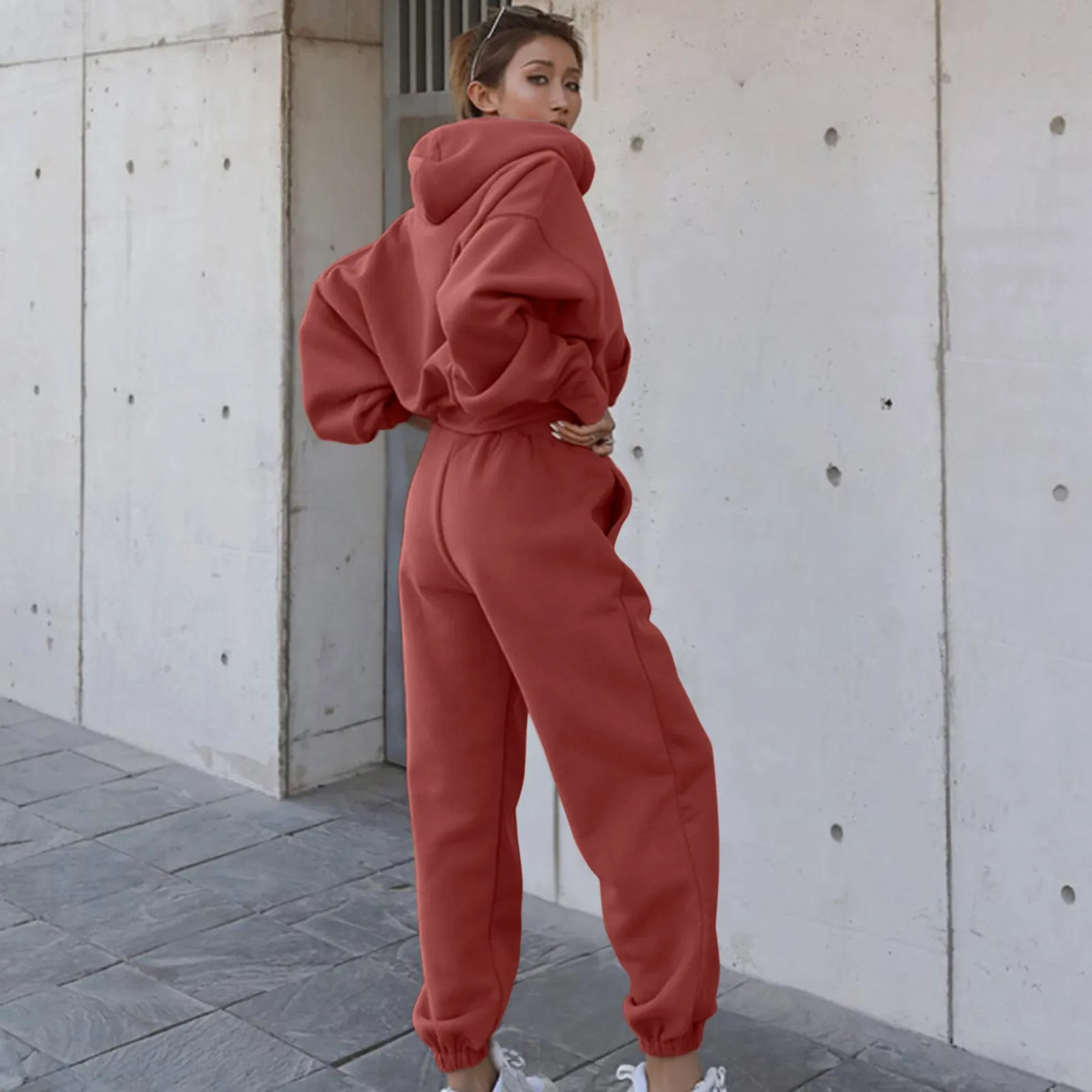 Fashion Spring And Autumn New Big Pocket Solid Color Drawstring Cap Corset Casual Two-Piece Sweater Set Sweatsuit Tracksuit Sets