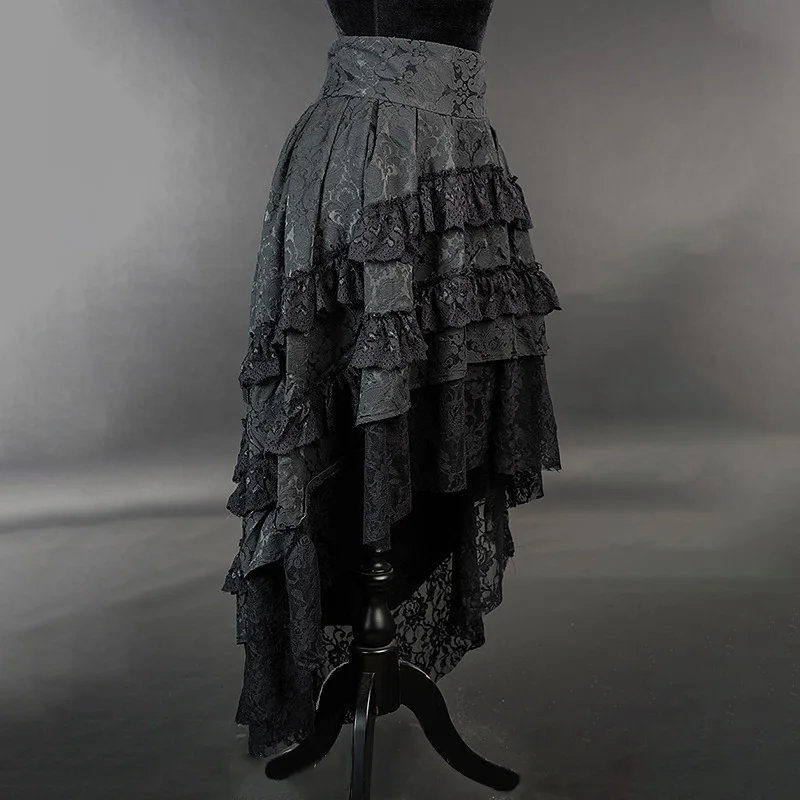 Vintage Gothic Lolita Steampunk Pirate Irregular Ball Gown Skirts Women Black Lace Ruffles Medieval Halloween Carnival Costumes