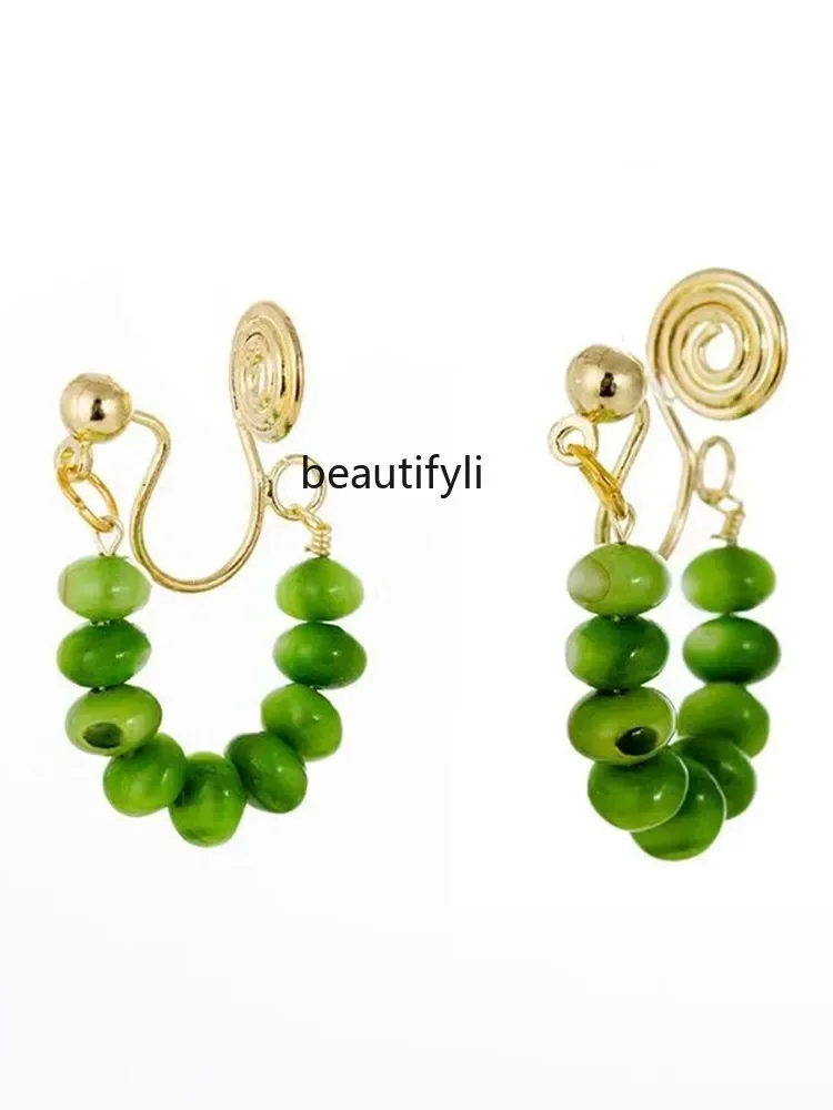 Green opal circle earrings women's summer light luxury high-end sense unique temperament sterling silver ear clips