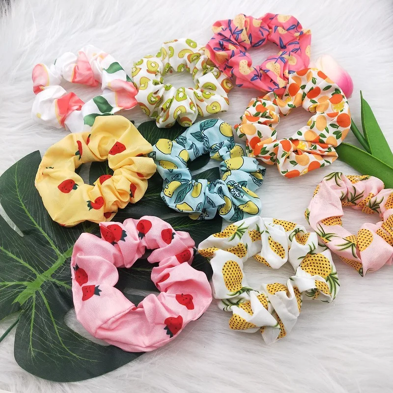 10Pcs/Set Fashion Fruit Print Scrunchies Headband Elastic Rubber Hair Band Women Ponytail Holder Hair Ties Accessories