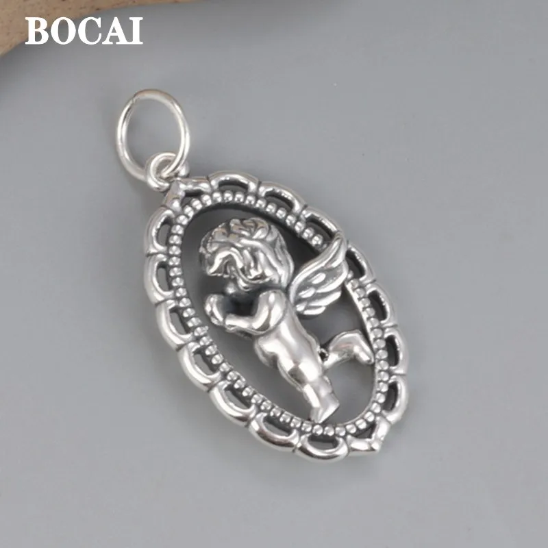 

BOCAI New Real S925 Silver Jewelry Fashionable Round Angel Baby Vintage 3D Silver Hollow Man and Woman Pendants