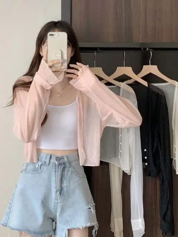 เสื้อคลุมไหมน้ำแข็งถักน้ำหนักเบา ป้องกันแสงแดด สำหรับผู้หญิง ใส่คลุมในฤดูร้อน ระบายอากาศดี แต่งลูกไม้ คอวี สีพื้น