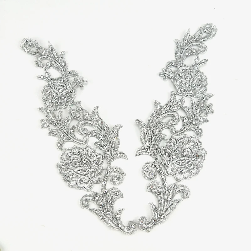 1Pair/ 2pcs New Arrival Gold Silver Rhinestones Lace Flower Applique Venise Mirror lace patch Sewing Trims For Dance Dress