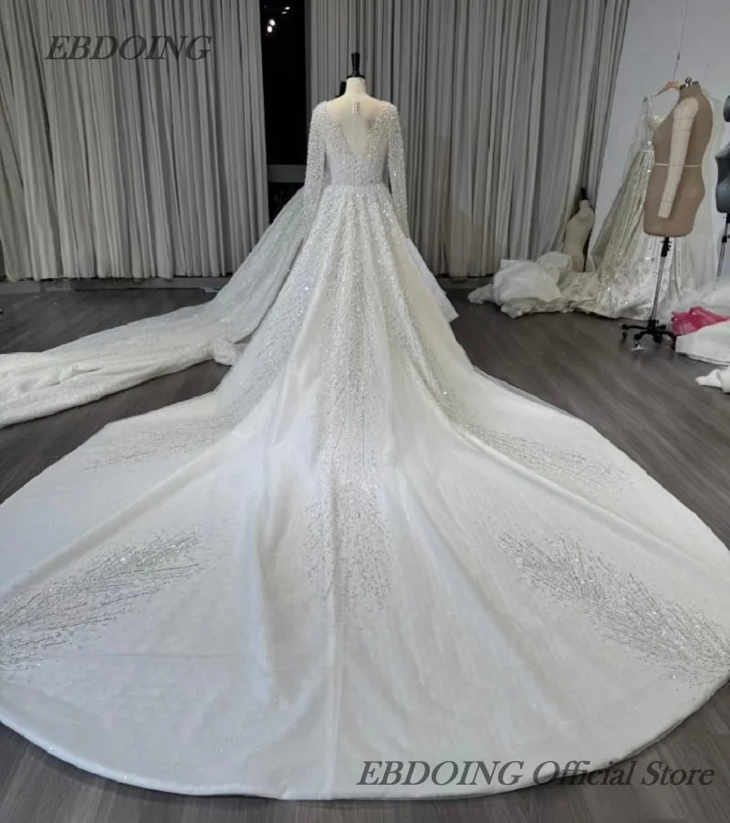EBDOING Trouwjurk Zeemeermin 2-in-1 Doorzichtige Halslijn Volledige Mouwen Key-Hole Terug Met Kralen Aangepaste Bruidsjurken