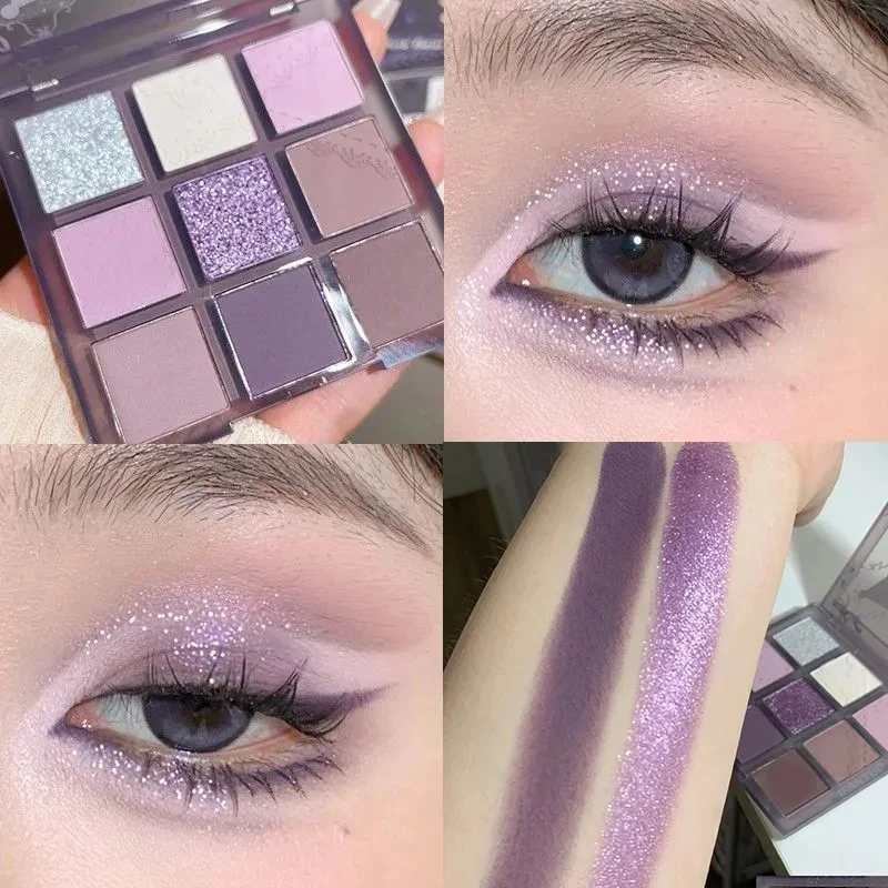 9 Color Smokey Matte Glitter Eyeshadow Palette Shimmer Sequin Eye Shadow Makeup Palette Cool Toned Purple Eye Pigment Palett