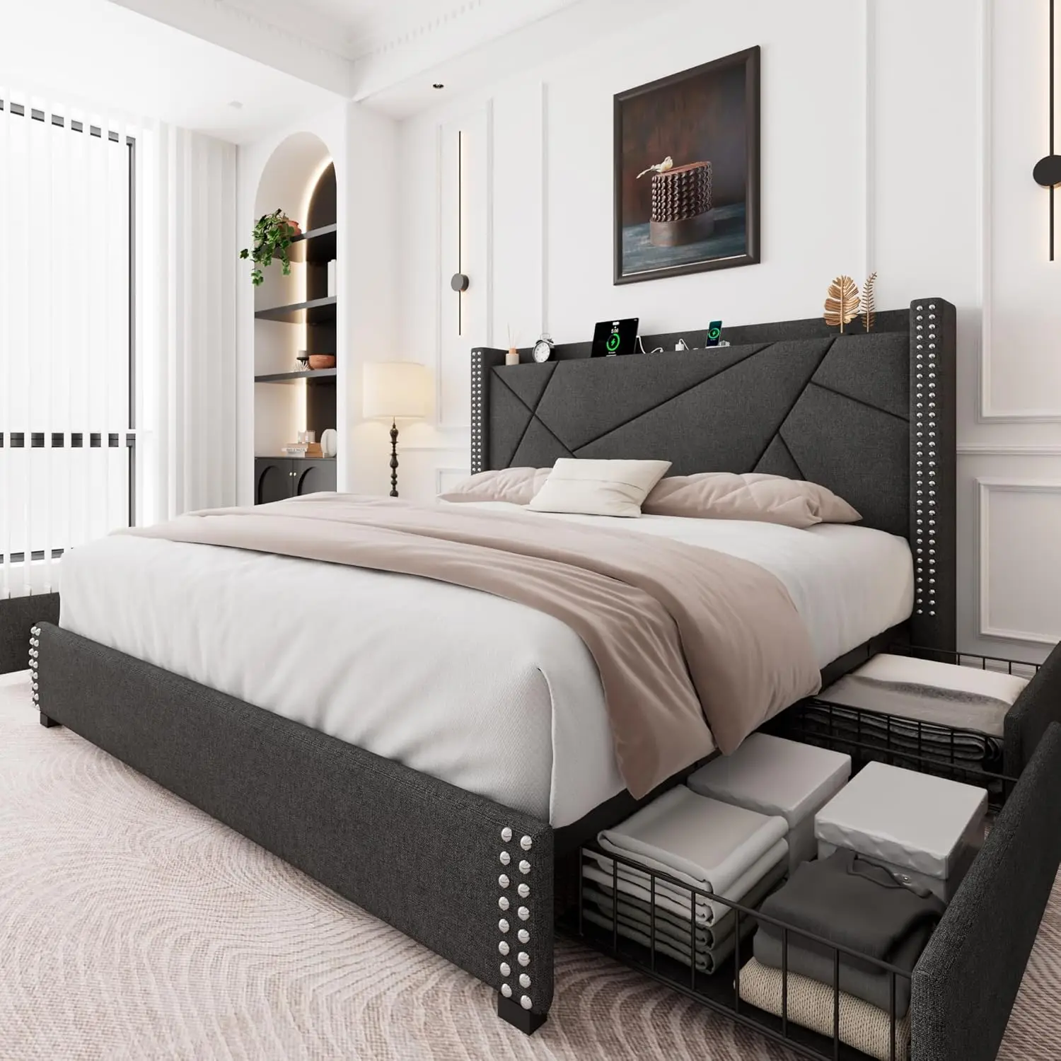 Marco de cama de almacenamiento tapizado tamaño Queen con 4 cajones, cama con plataforma con estación de carga y cabecera trasera, gris oscuro