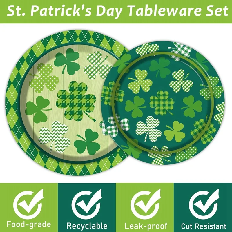 96 Pcs St. Patrick's Day Dinnerware Set Lucky Green Shamrock Plates Irish Holiday Party Dinnerware Set For 24 Guests Durable