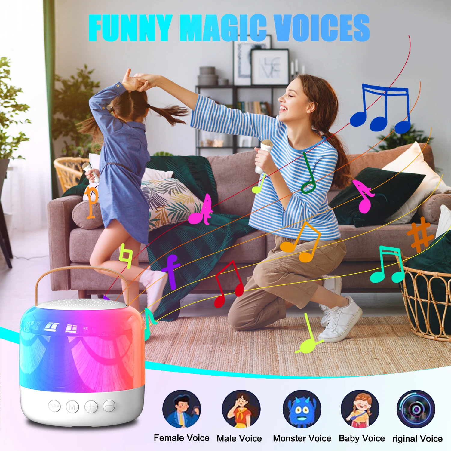 Mini Karaoke Machine for Kids Adult, Portable Bluetooth Karaoke Speaker with 2 Wireless Microphones and LED Colourful Lights