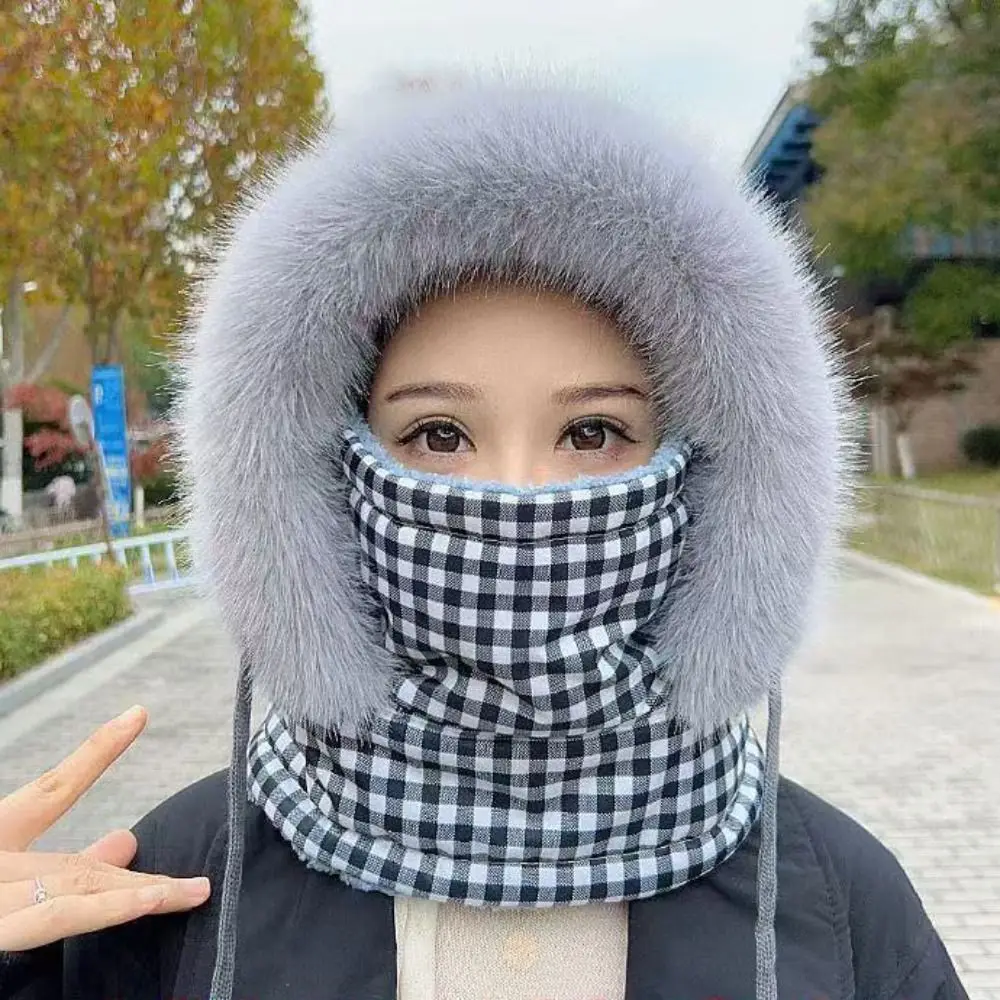 Windproof 3-in-1 Winter Cycling Hat Flower Print Plaid Warm Scarf Face Mask Cold Resistant Neck Warmer Lei Feng Hat Outdoor