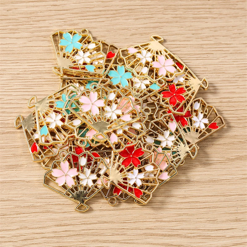 10 Stück 30 x 26 mm niedliche Emaille-Blumen-Fächer-Charms-Verbindungsanhänger für selbstgemachte Halsketten, Ohrringe, Schmuckherstellung, Zubehör – Detail 9