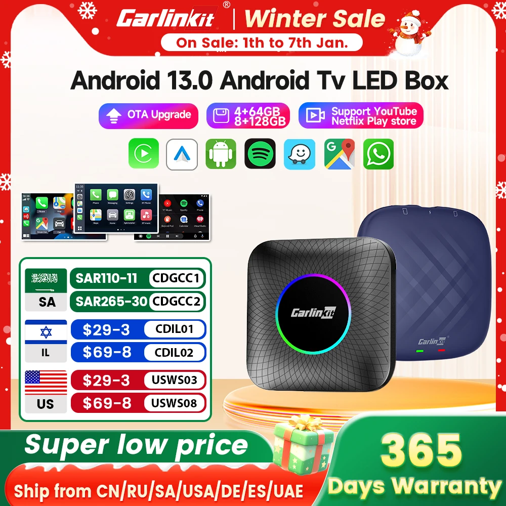 Carlinkit Ai Box Android 13 Led Wireless Android Auto & CarPlay Smart Tv Box QCM6225 Support Youtube Netflix Car Accessories