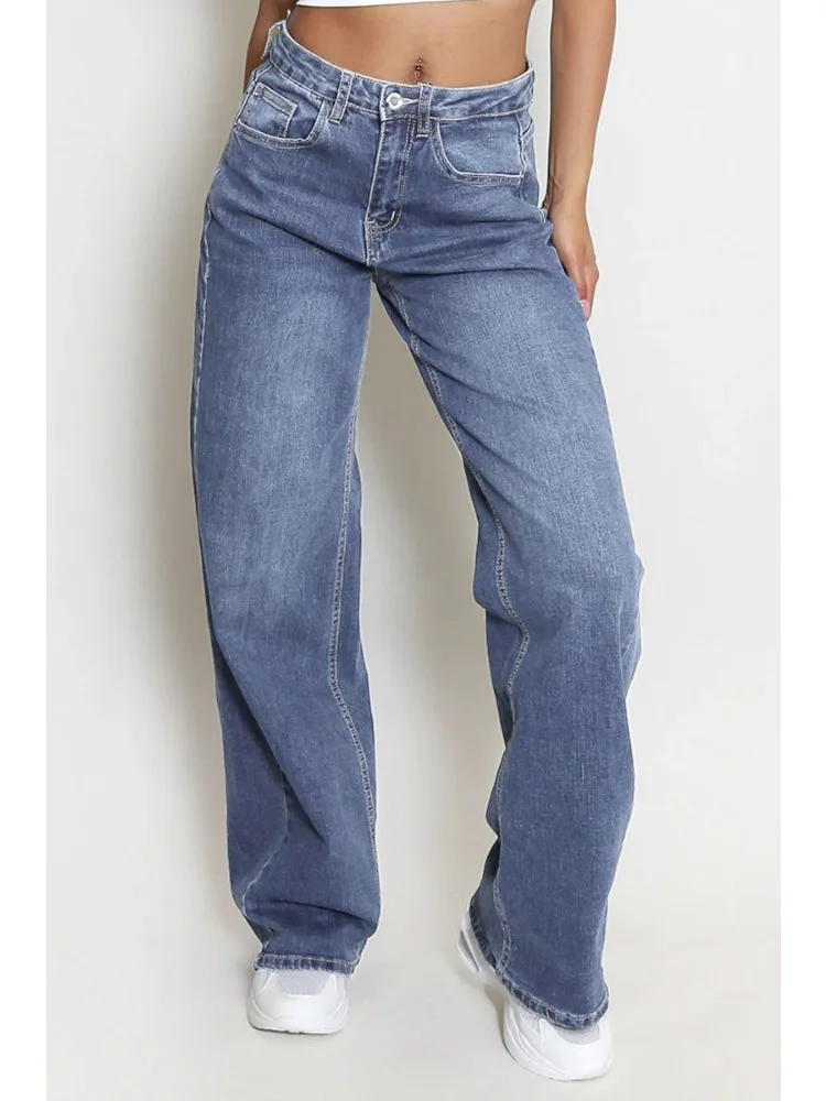 

Deeptown Gray Basic Women Jeans Blue Vintage Washed High Waist Wide Leg Straight Denim Trousers Baggy American Style Casual