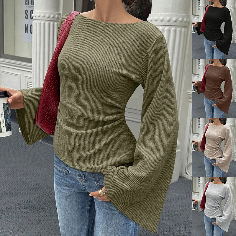 Women's Elegant Ribbed Knit Long Bell Sleeve Ruched Slim Fit Pullover Casual Autumn Top Blusa