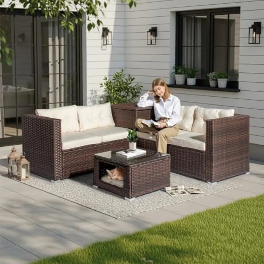4 Pieces Outdoor Sectional Wicker Patio Furniture with Storage, Patio Sectional Sofa Outdoor Couch Conversation Set, Glass Top