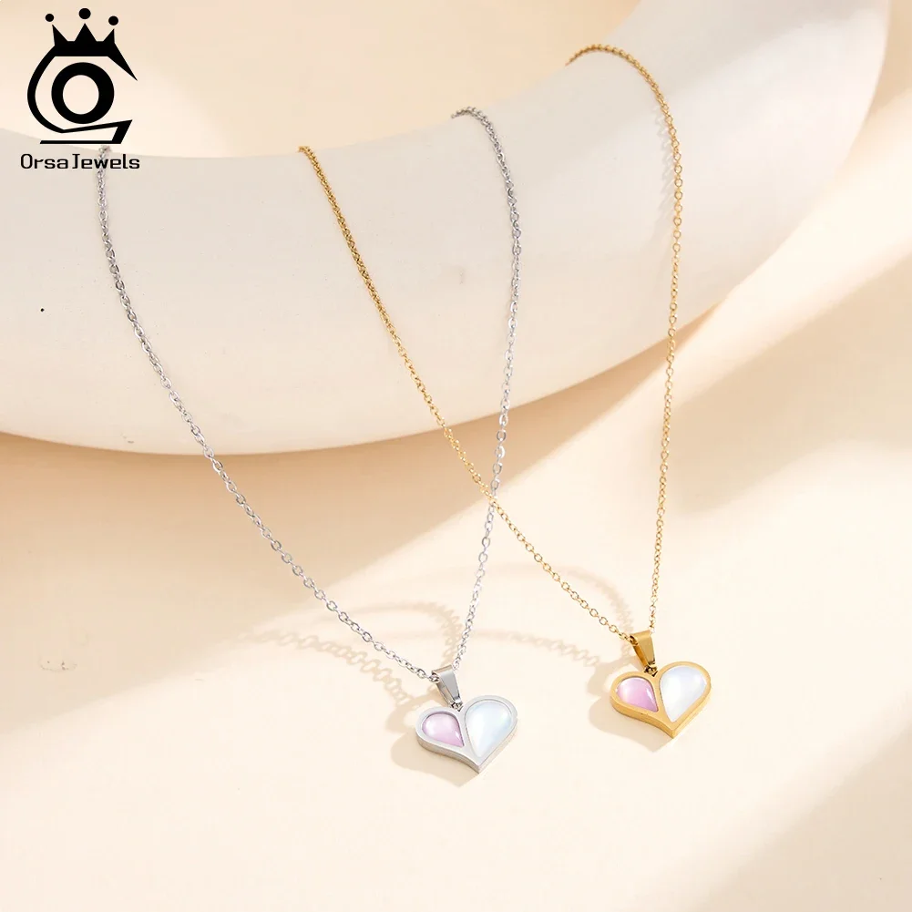 ORSA JEWELS Stainless Steel Shell Heart Necklace For Women Charm Collar 18K Plated Waterproof Jewelry Accessories Gift STMN10