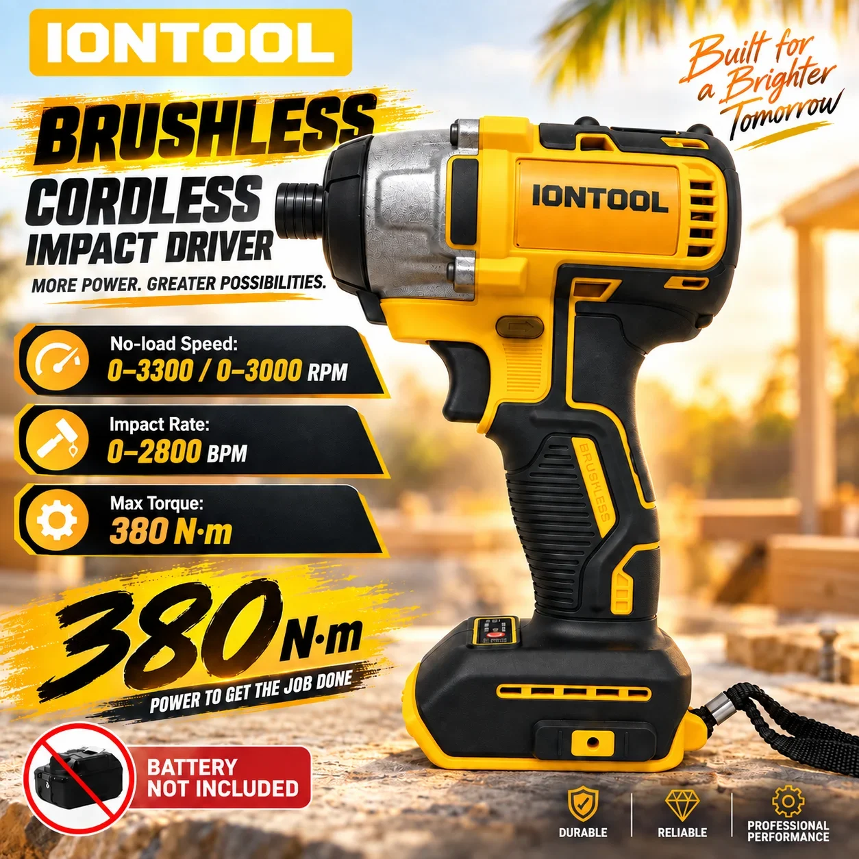 IONTOOL Yellow Cordless Impact Driver 380Nm For Deck Screw Driving and Frame Bolting and Furniture Assembly and Metal Fastening