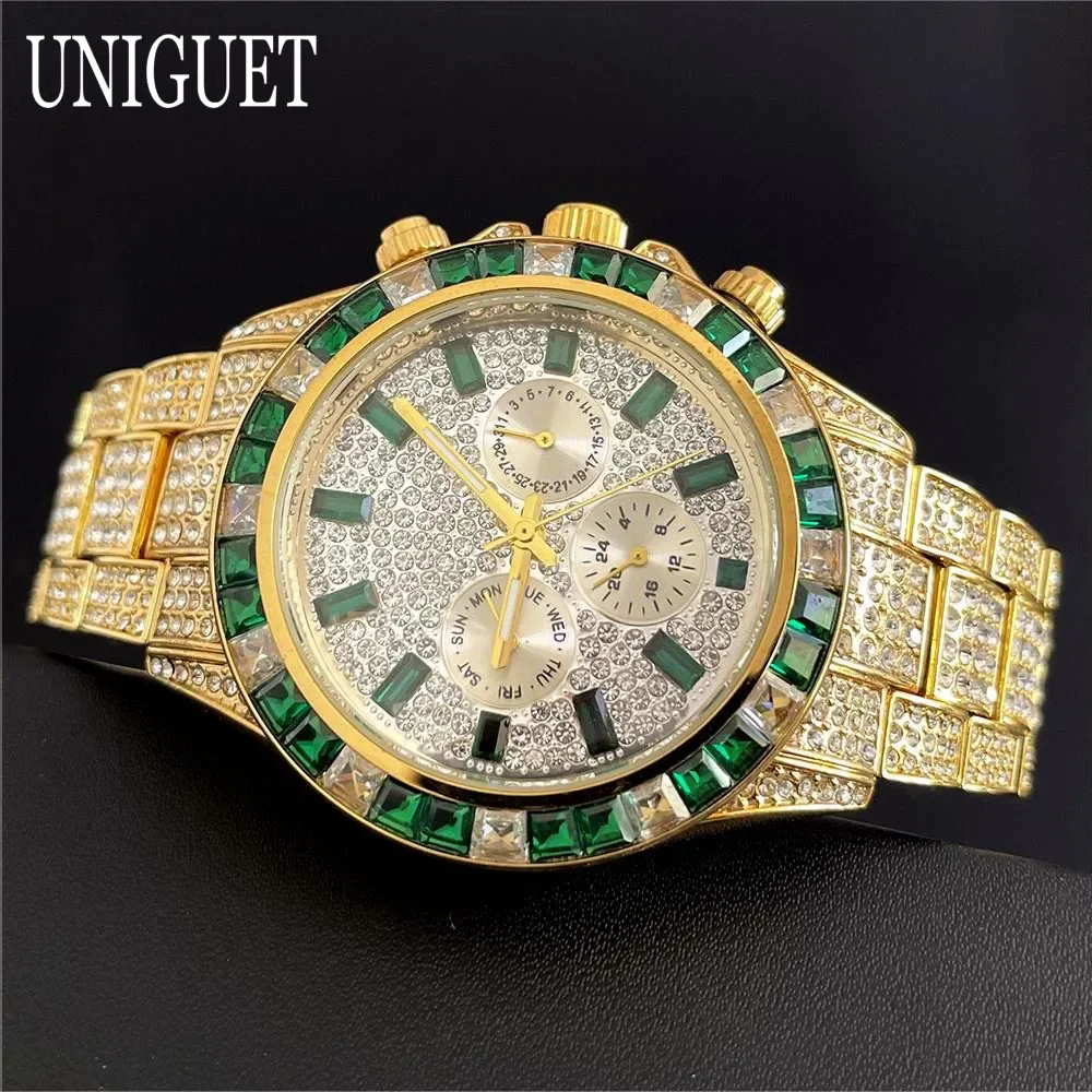 Hot Fashion Green Watches Men Brand UNIGUET Luxury Stainless Steel Hip Hop Rainbow Diamond Quartz Wristwatch Male Dropshipping ﻿