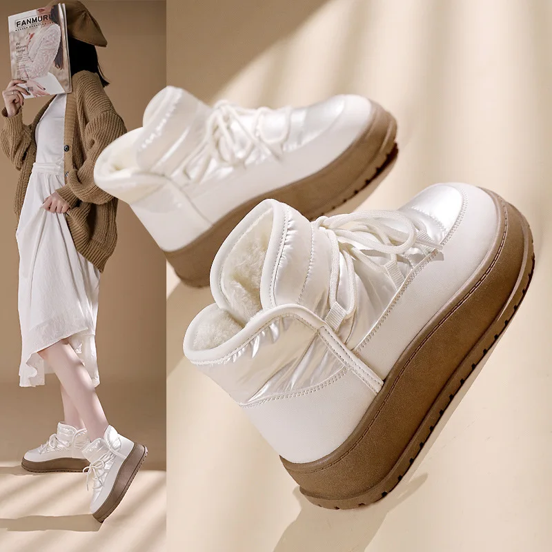 

2024, новые однотонные женские зимние ботинки на толстой подошве со шнуровкой, женские зимние ботинки с круглым носком, плюшевые теплые зимние ботинки, женская хлопковая обувь