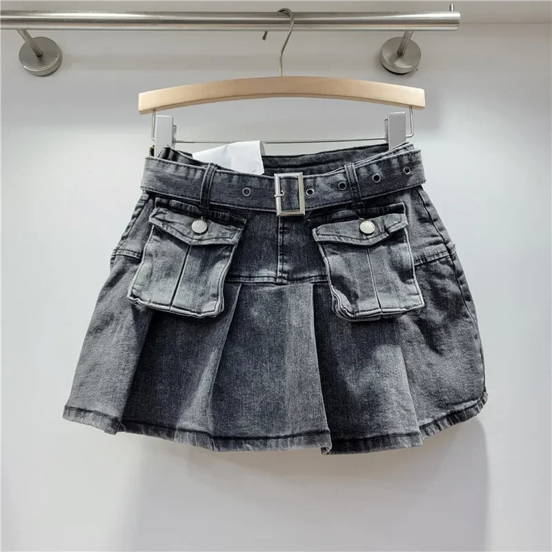 

Pleated Skirt Women Denim Skirts Sexy Belt Multiple Pockets High Waist Washed Distressed Summer Above Knee A Line Streetwear