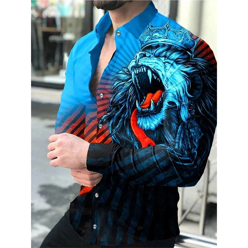 Fashion Men Long Sleeve Shirts Lapel Lion Print Buttoned Shirt Casual Long Sleeve Tops 2023 Men\'s Personality Street Clothing