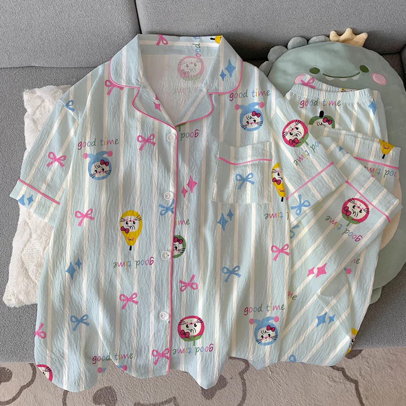 

Милый полосатый пижамный комплект с галстуком-бабочкой и принтом кота, короткий летний комплект 2025, новый комплект из 2 предметов, женские пижамы в Корейском стиле, повседневная милая ночная рубашка