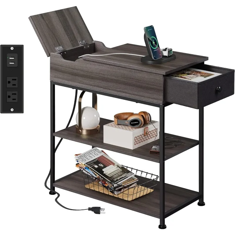 

Small Side Tables Living Room with Charging Station, Narrow End Table for Bedroom, Home Office, Small Spaces