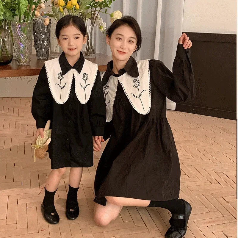 Autumn Mother and Daughter Black Dress Big Collar Vintage Mom Baby Girls Matching Clothes Equal 2023 Women Long Sleeve Dresses