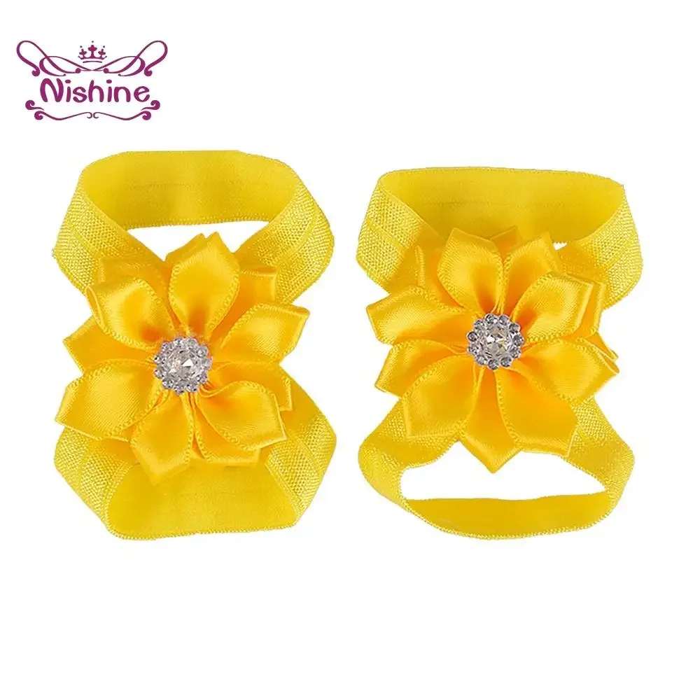 Cute 2pcs/pair Chic Satin Ribbon Flower Barefoot Sandals Baby Shower Gift Girls Newborn Toddler Kids Photography Props